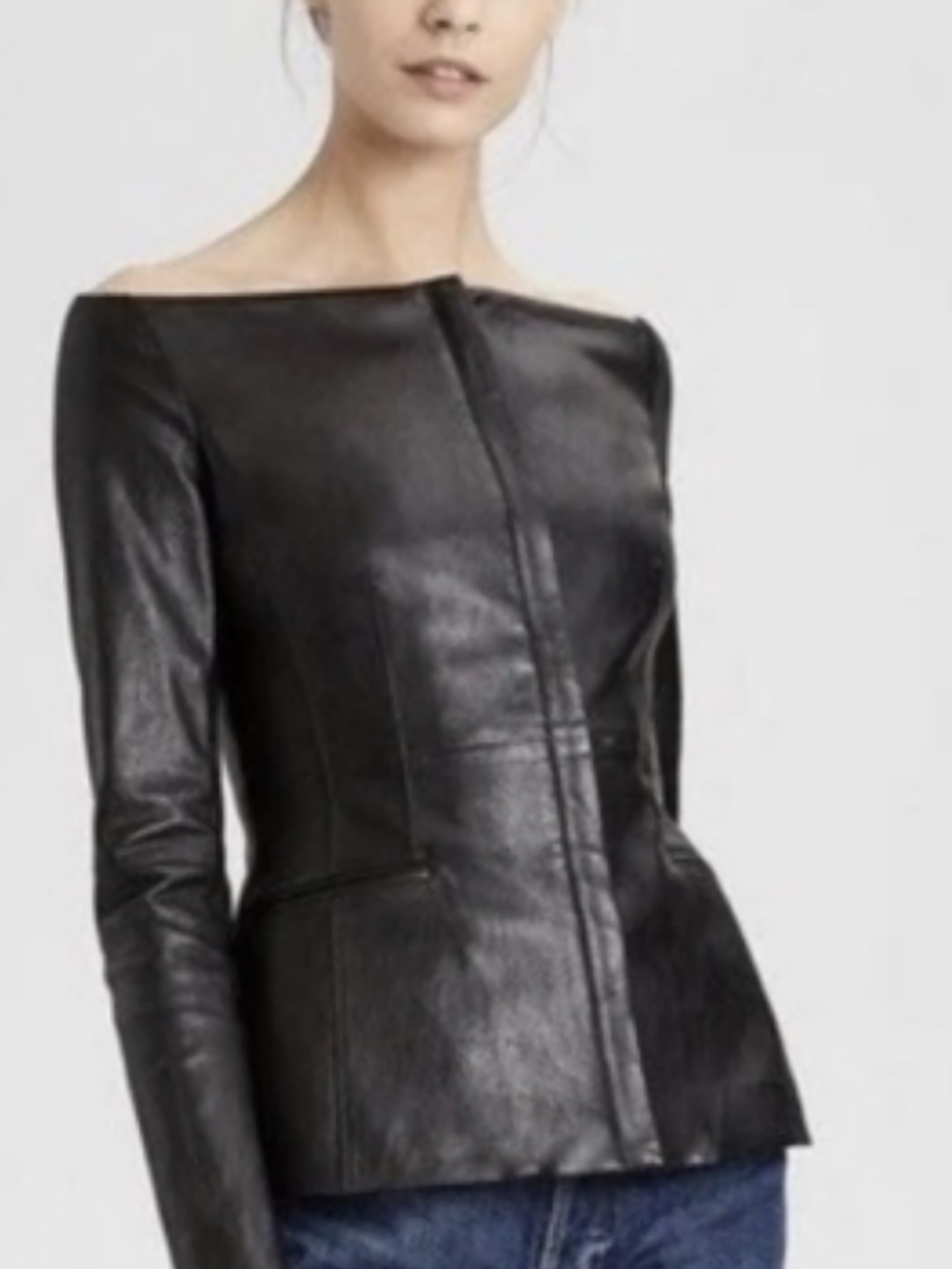 Theory Black Off-Shoulder Leather Jacket